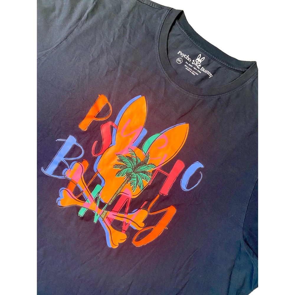 Psycho Bunny Graphic T-Shirt Men's 3XL Black Palm Tree Neon Logo Pima Cotton